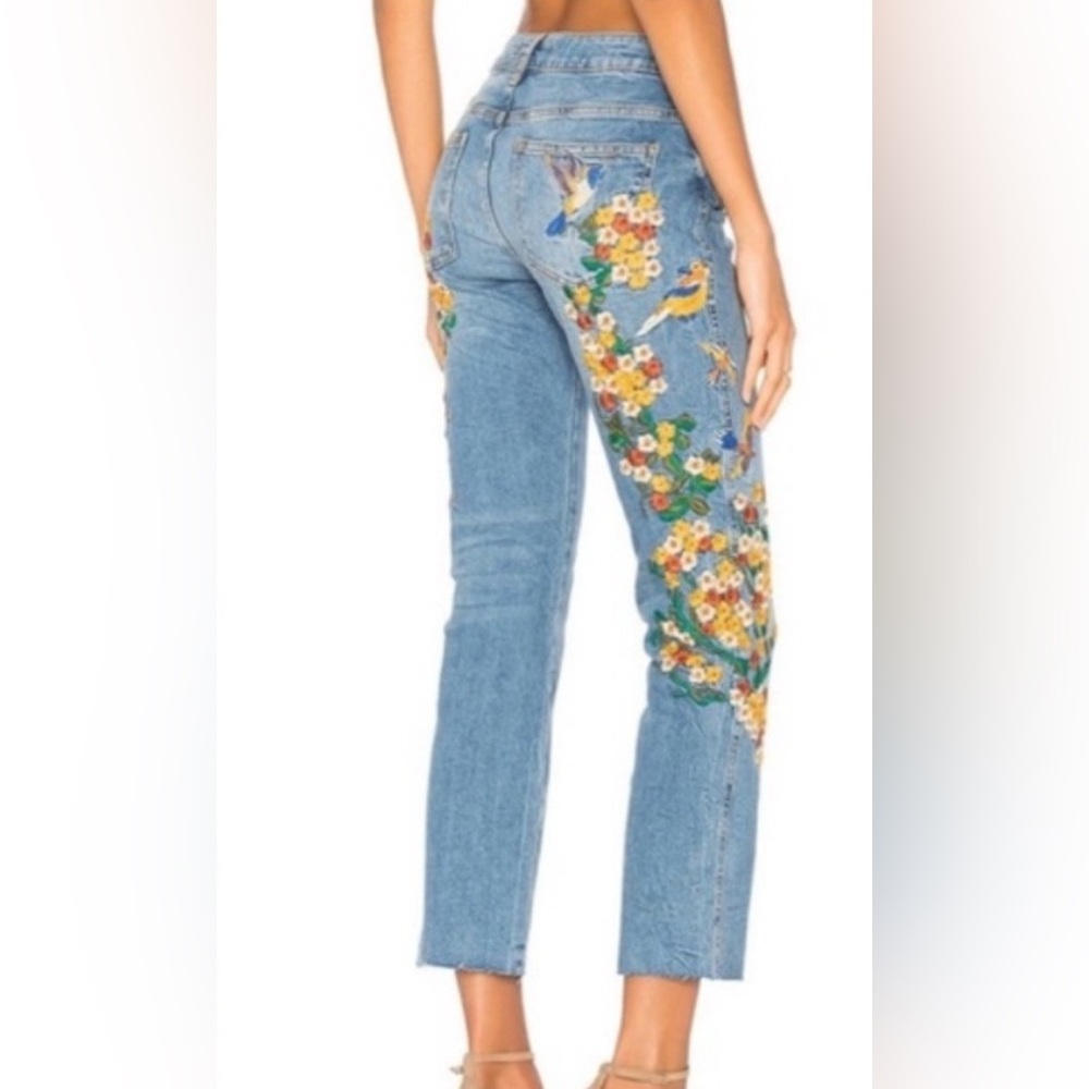 Free People Floral Embroidered Blue Jeans